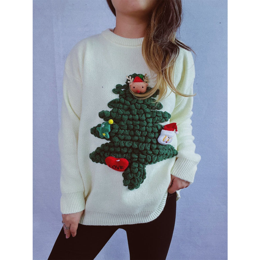 Christmas Tree Round Neck Long Sleeve Sweater Apparel and Accessories