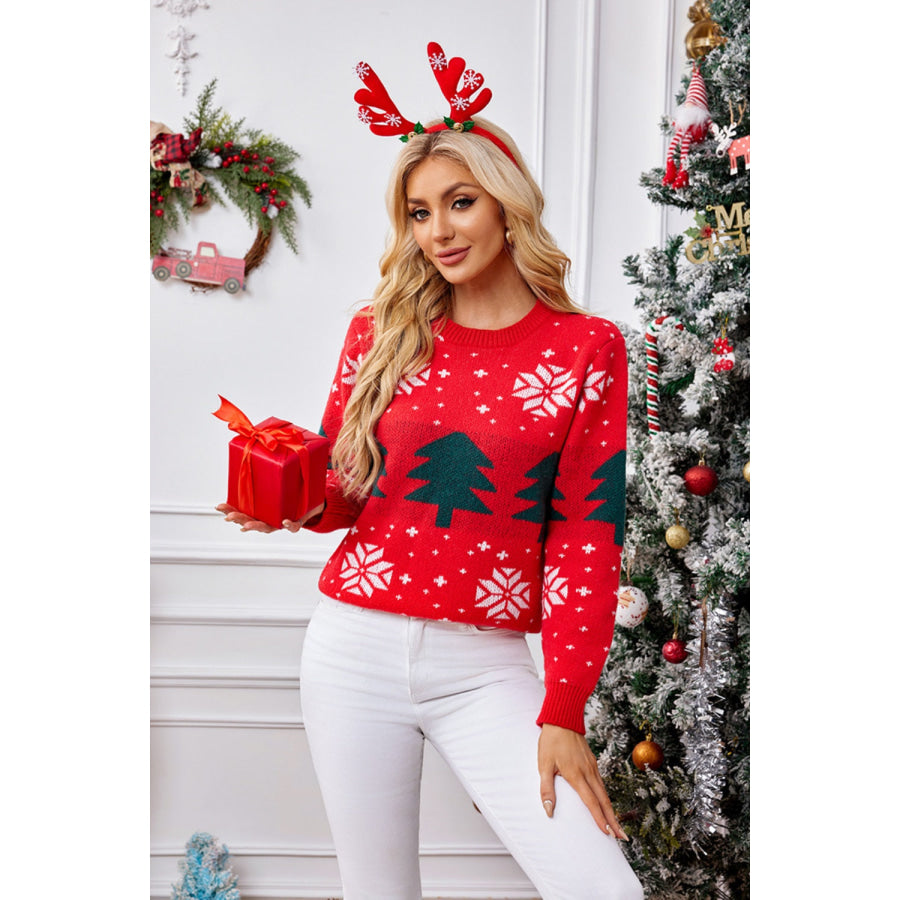 Christmas Tree Round Neck Long Sleeve Sweater Apparel and Accessories