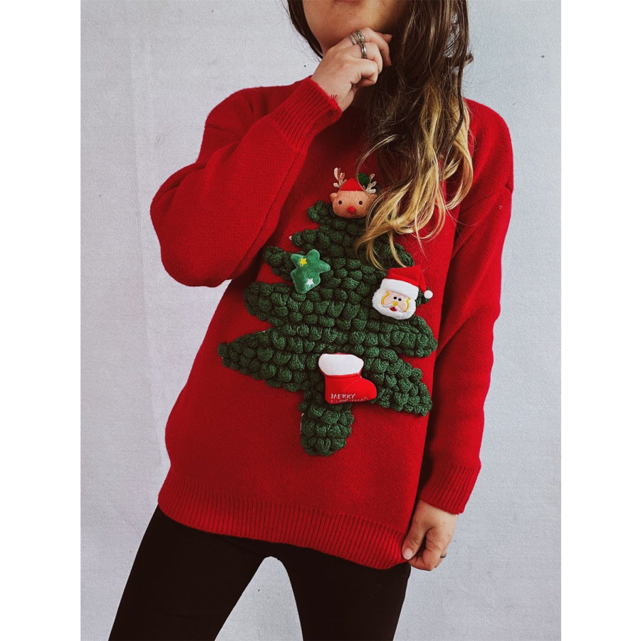 Christmas Tree Round Neck Long Sleeve Sweater Deep Red / One Size Apparel and Accessories