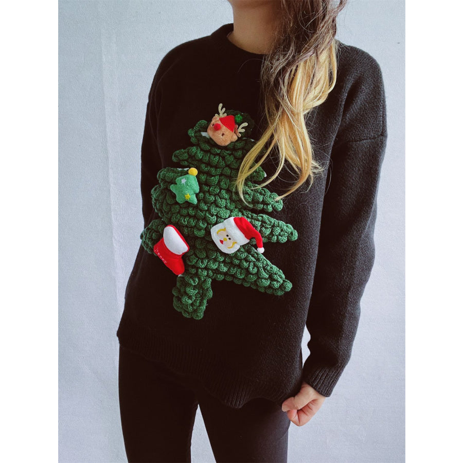 Christmas Tree Round Neck Long Sleeve Sweater Apparel and Accessories