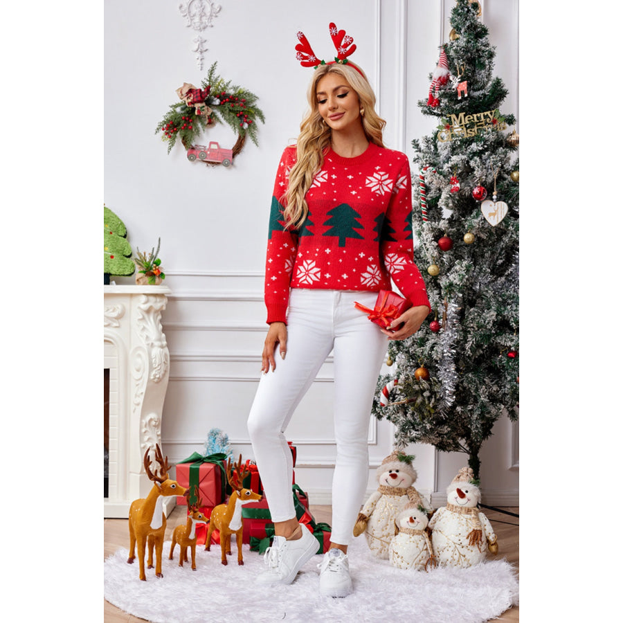 Christmas Tree Round Neck Long Sleeve Sweater Apparel and Accessories