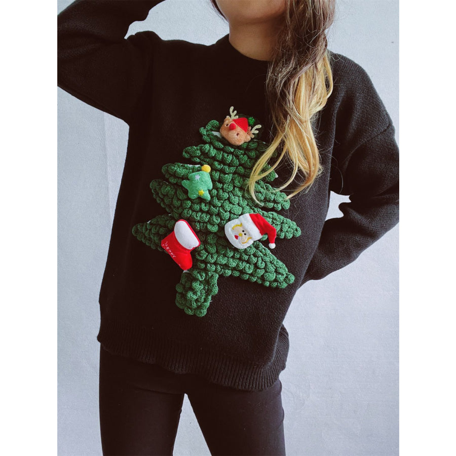 Christmas Tree Round Neck Long Sleeve Sweater Apparel and Accessories