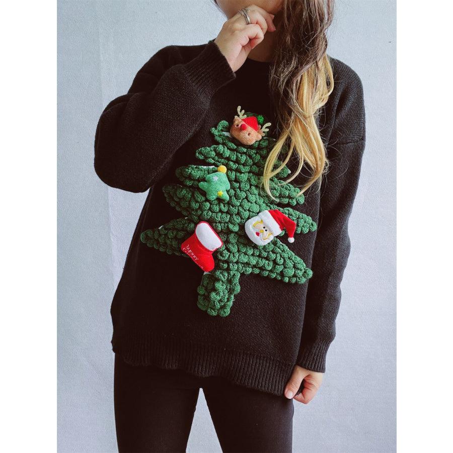 Christmas Tree Round Neck Long Sleeve Sweater Apparel and Accessories