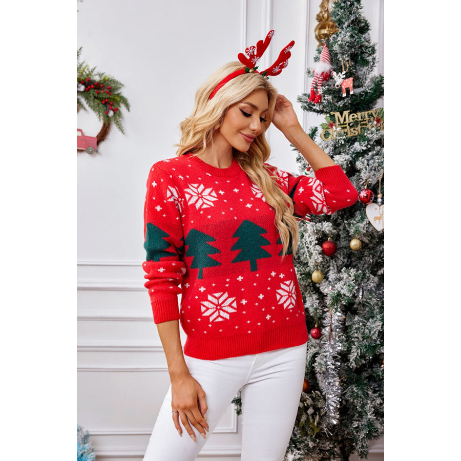 Christmas Tree Round Neck Long Sleeve Sweater Apparel and Accessories