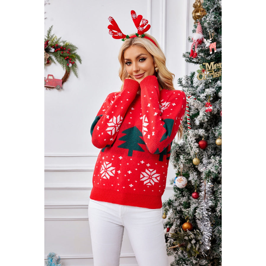 Christmas Tree Round Neck Long Sleeve Sweater Apparel and Accessories