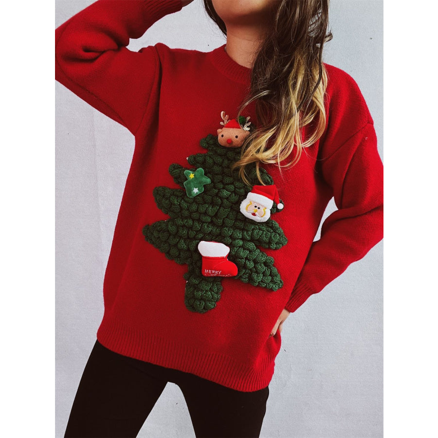 Christmas Tree Round Neck Long Sleeve Sweater Apparel and Accessories