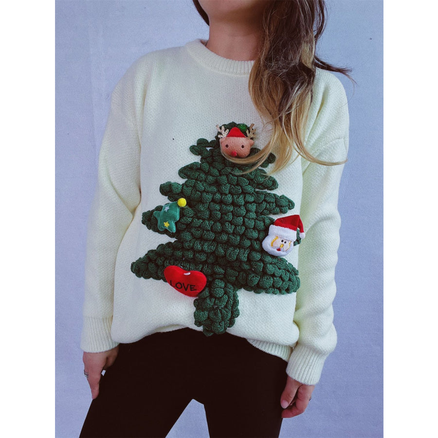 Christmas Tree Round Neck Long Sleeve Sweater Apparel and Accessories