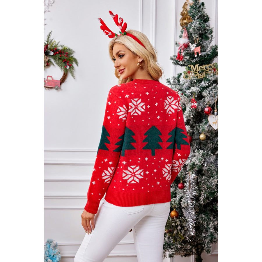 Christmas Tree Round Neck Long Sleeve Sweater Apparel and Accessories