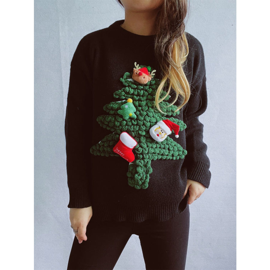 Christmas Tree Round Neck Long Sleeve Sweater Black / One Size Apparel and Accessories