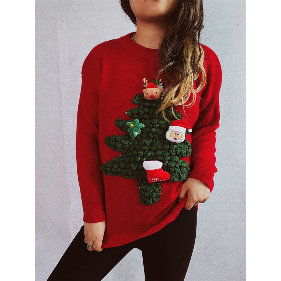 Christmas Tree Round Neck Long Sleeve Sweater Deep Red / One Size Apparel and Accessories