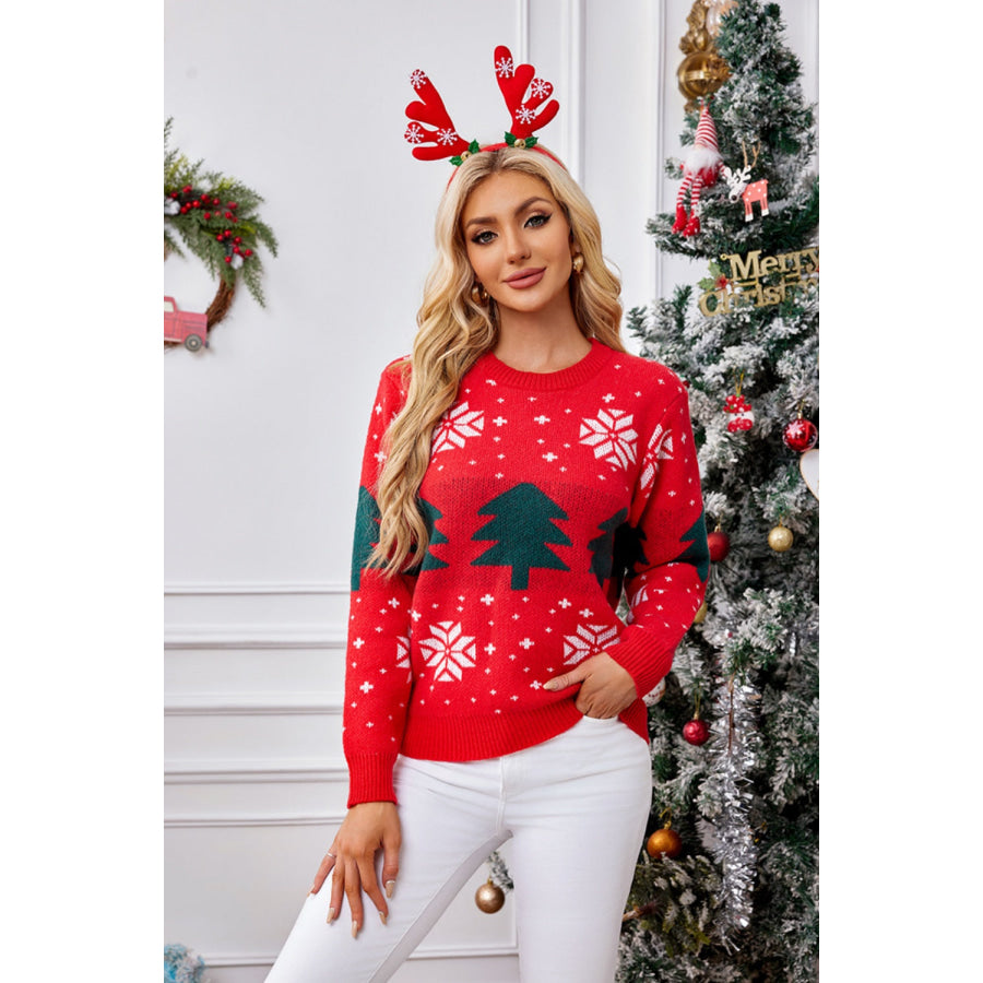 Christmas Tree Round Neck Long Sleeve Sweater Orange-Red / S Apparel and Accessories