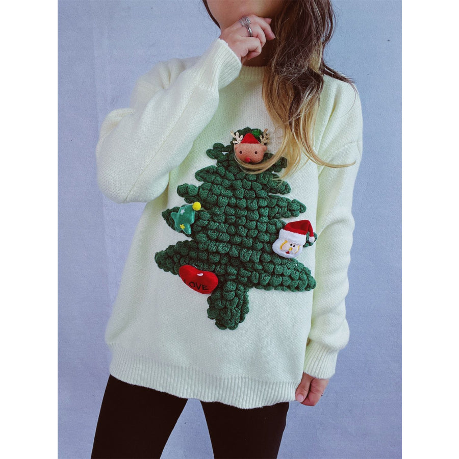 Christmas Tree Round Neck Long Sleeve Sweater White / One Size Apparel and Accessories