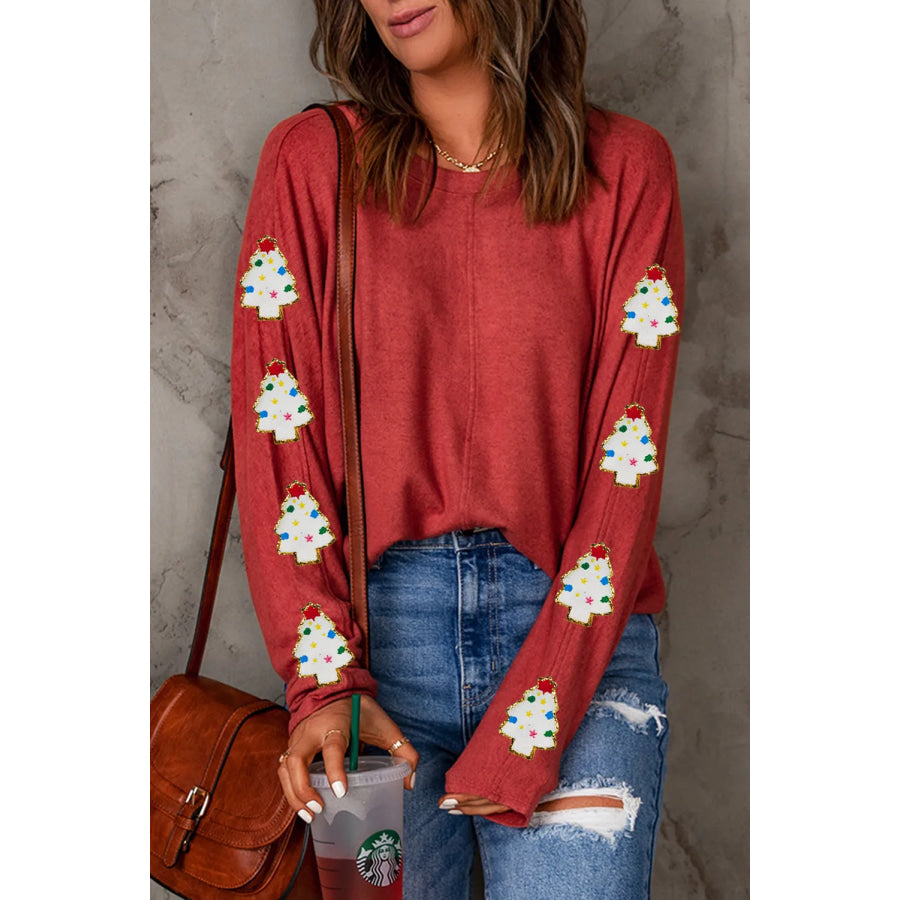 Christmas Tree Round Neck Long Sleeve Top Apparel and Accessories