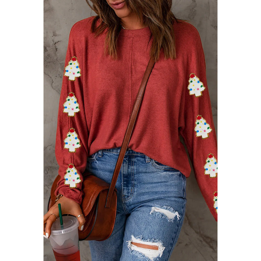 Christmas Tree Round Neck Long Sleeve Top Apparel and Accessories