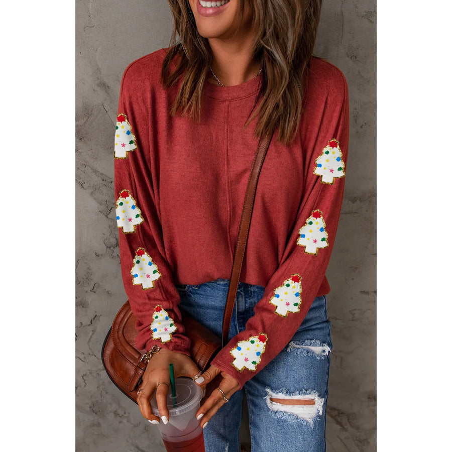 Christmas Tree Round Neck Long Sleeve Top Scarlet / S Apparel and Accessories