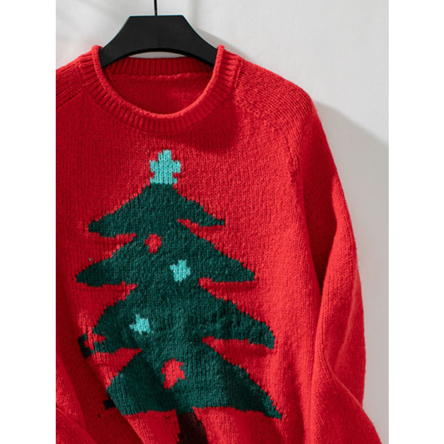 Christmas Tree Round Neck Raglan Sleeve Sweater Apparel and Accessories