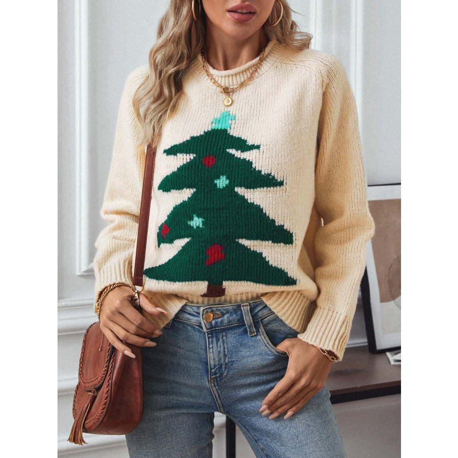 Christmas Tree Round Neck Raglan Sleeve Sweater Tan / S Apparel and Accessories