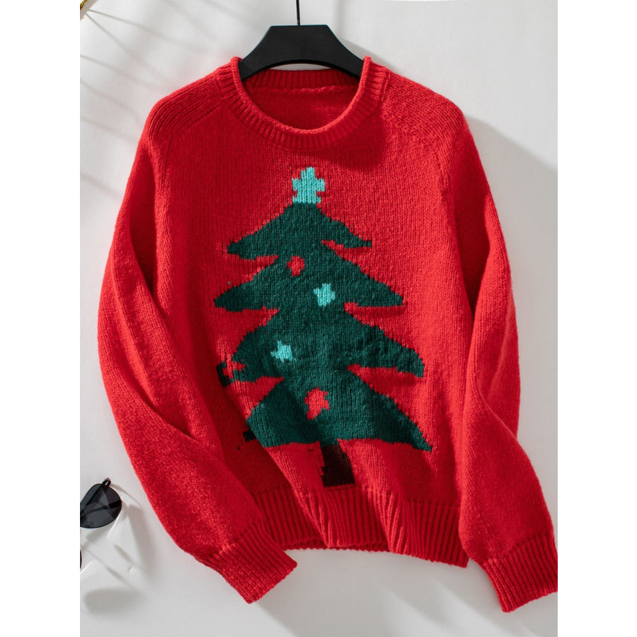 Christmas Tree Round Neck Raglan Sleeve Sweater Orange-Red / S Apparel and Accessories