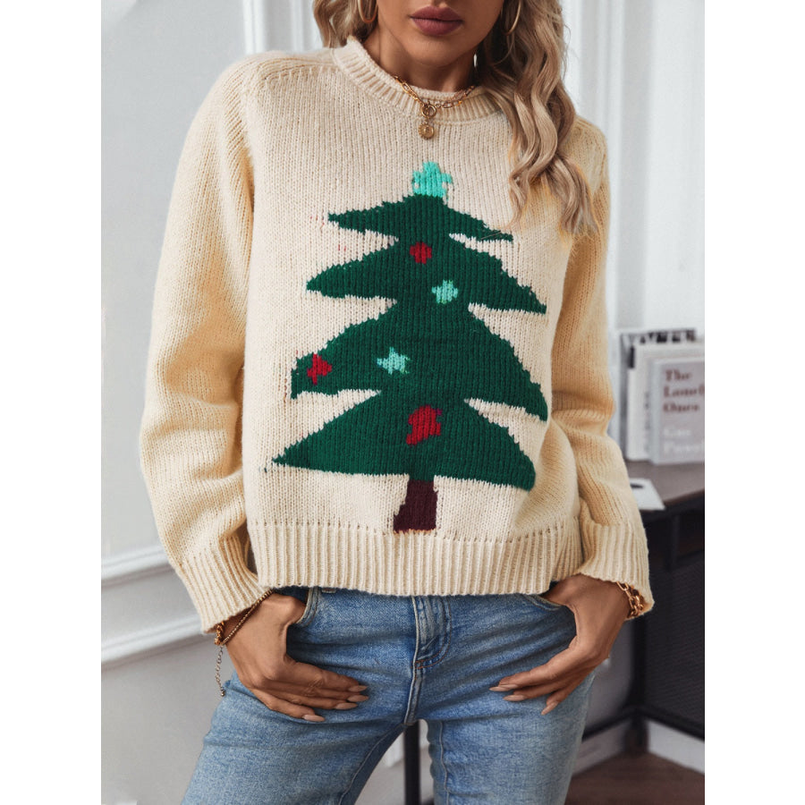 Christmas Tree Round Neck Raglan Sleeve Sweater Tan / S Apparel and Accessories