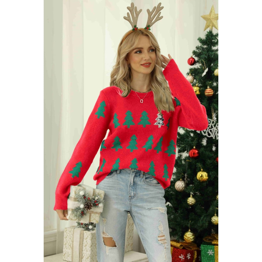 Christmas Tree Round Neck Ribbed Trim Sweater Red / S