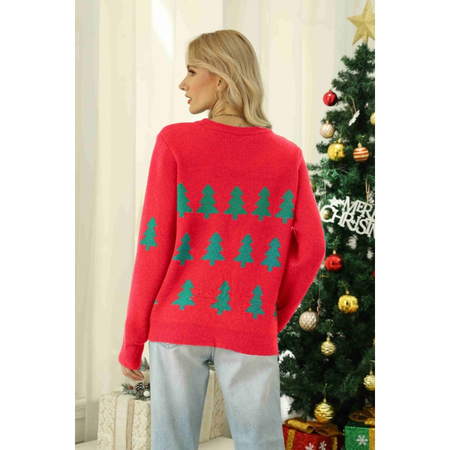 Christmas Tree Round Neck Ribbed Trim Sweater