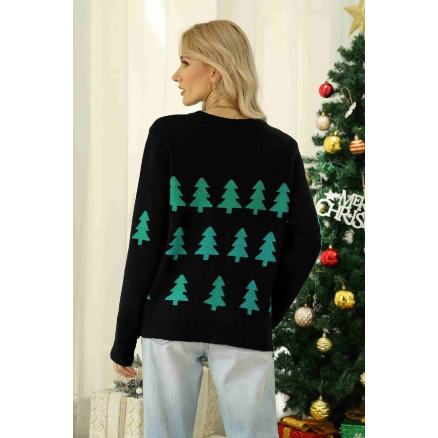 Christmas Tree Round Neck Ribbed Trim Sweater Black / S