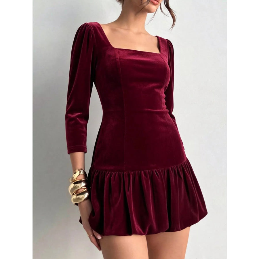 Christmas Velvet Square Neck Mini Dress with Ruffled Hem Burgundy / S