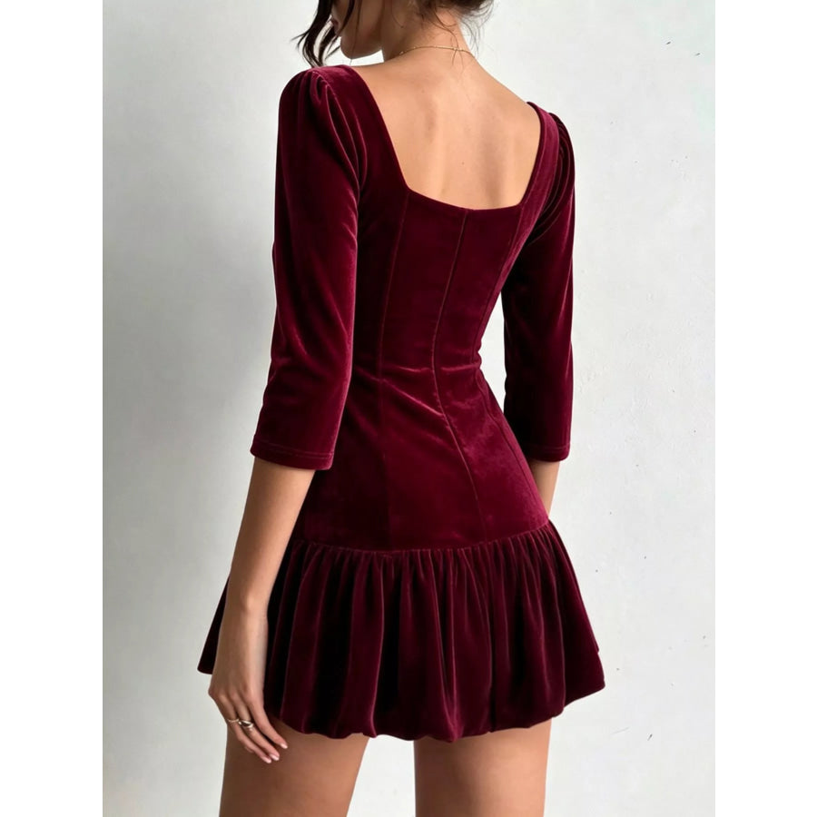 Christmas Velvet Square Neck Mini Dress with Ruffled Hem