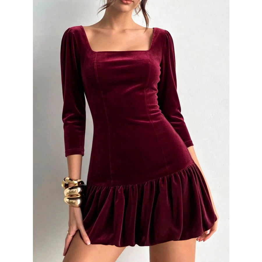 Christmas Velvet Square Neck Mini Dress with Ruffled Hem