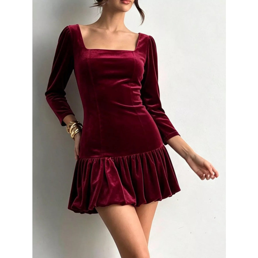 Christmas Velvet Square Neck Mini Dress with Ruffled Hem