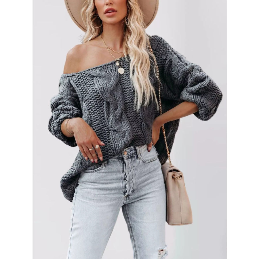 Chunky Cable Knit Long Sleeve Sweater Grey / S Apparel and Accessories