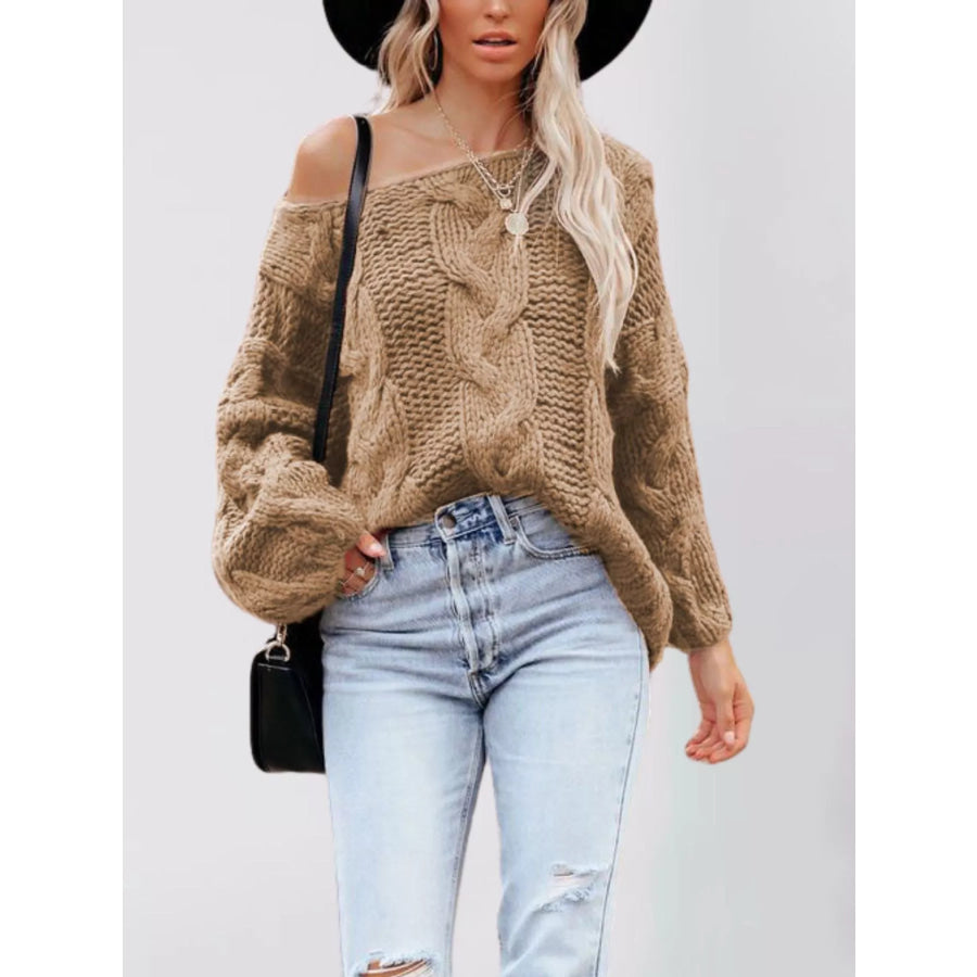 Chunky Cable Knit Long Sleeve Sweater Khaki / S Apparel and Accessories