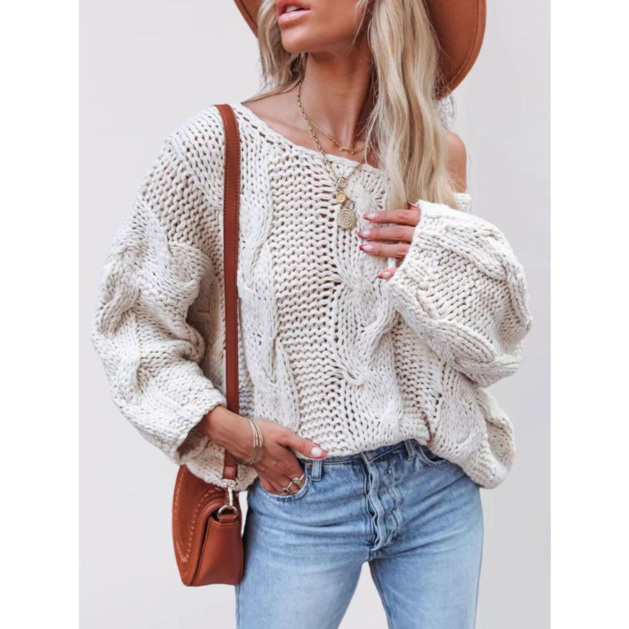 Chunky Cable Knit Long Sleeve Sweater White / S Apparel and Accessories