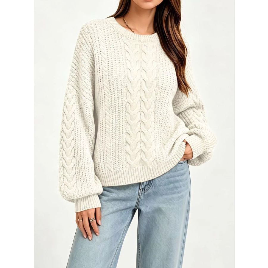 Chunky Cable Knit Round Neck Sweater Beige / S Apparel and Accessories