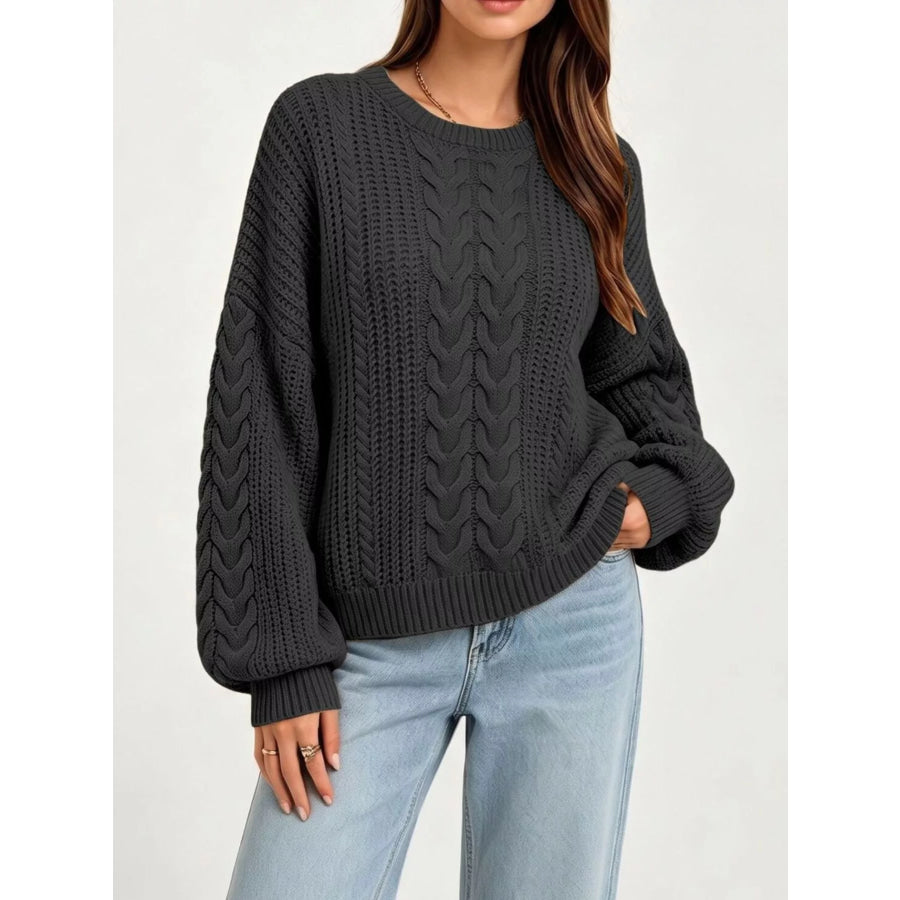 Chunky Cable Knit Round Neck Sweater Black / S Apparel and Accessories