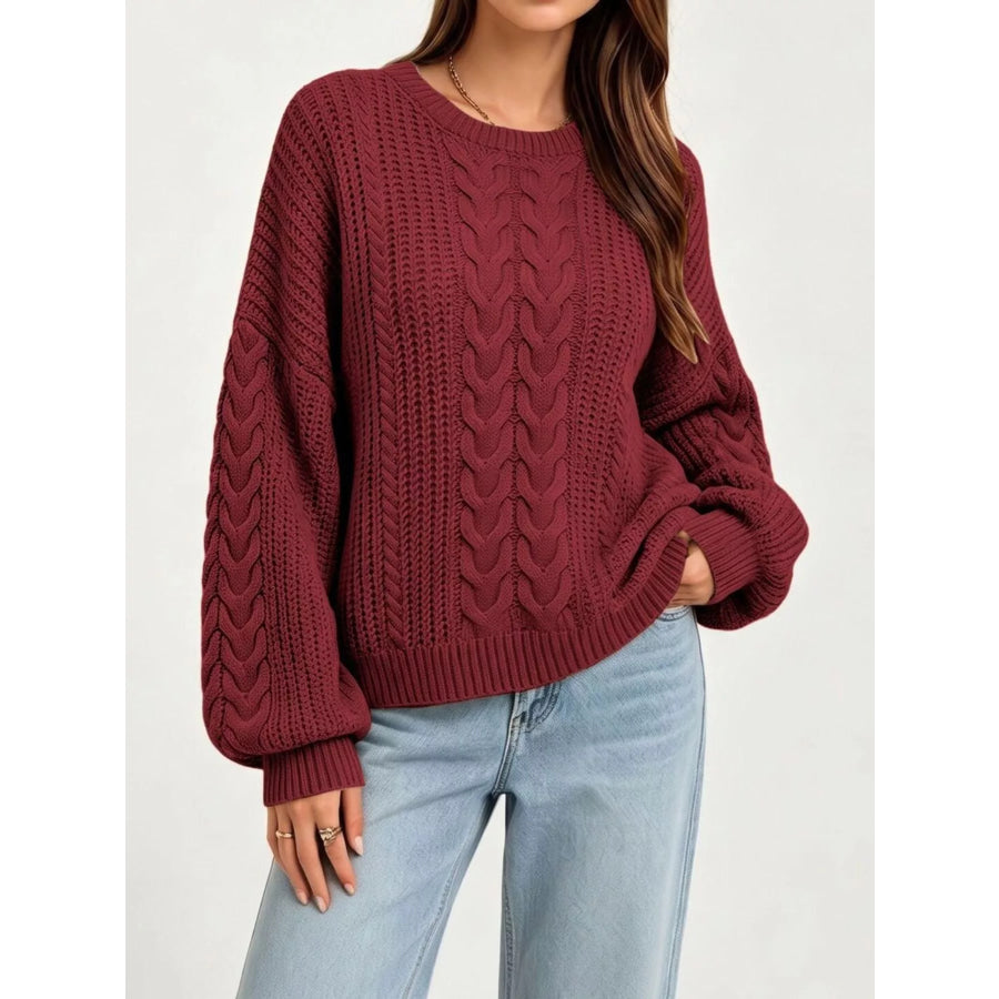 Chunky Cable Knit Round Neck Sweater Red / S Apparel and Accessories