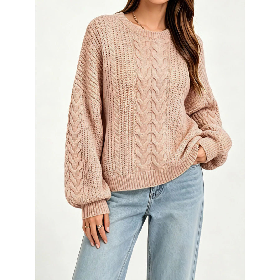 Chunky Cable Knit Round Neck Sweater Tan / S Apparel and Accessories