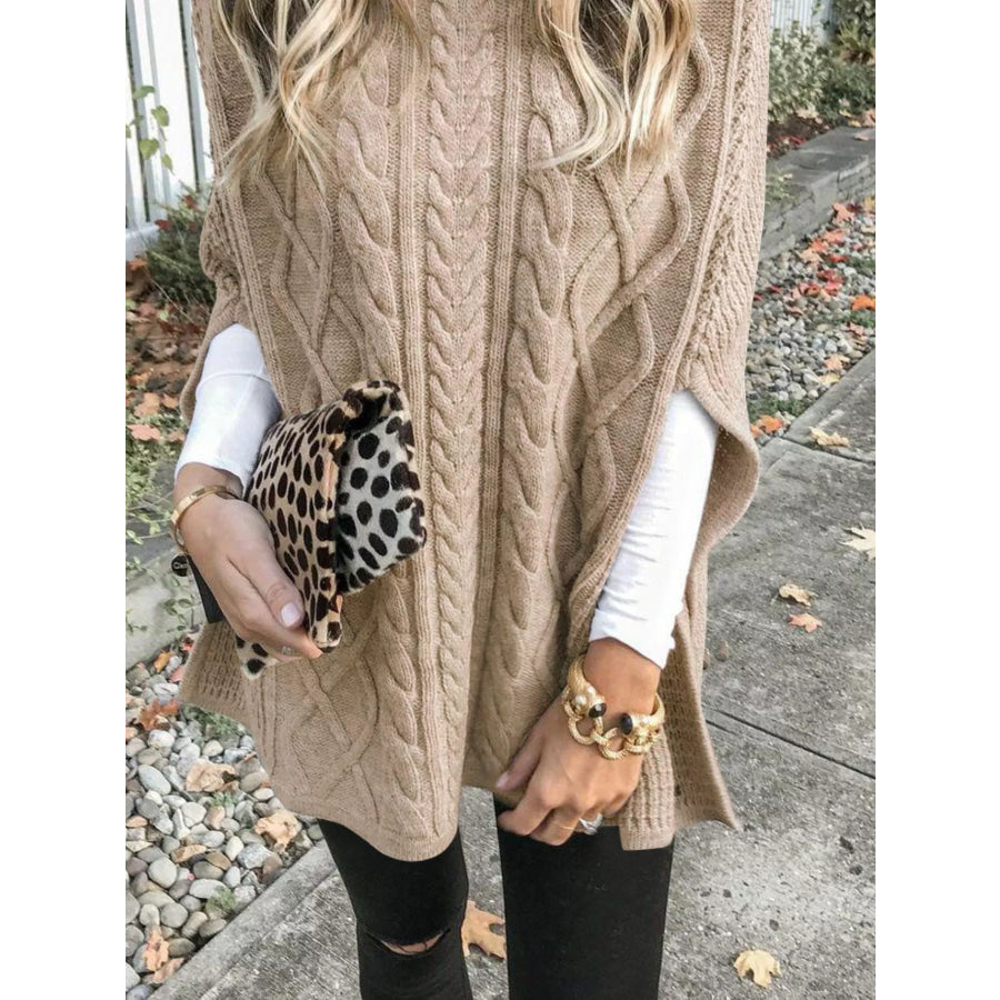 Chunky Cable Knit Turtleneck Poncho Cover Up Apparel and Accessories