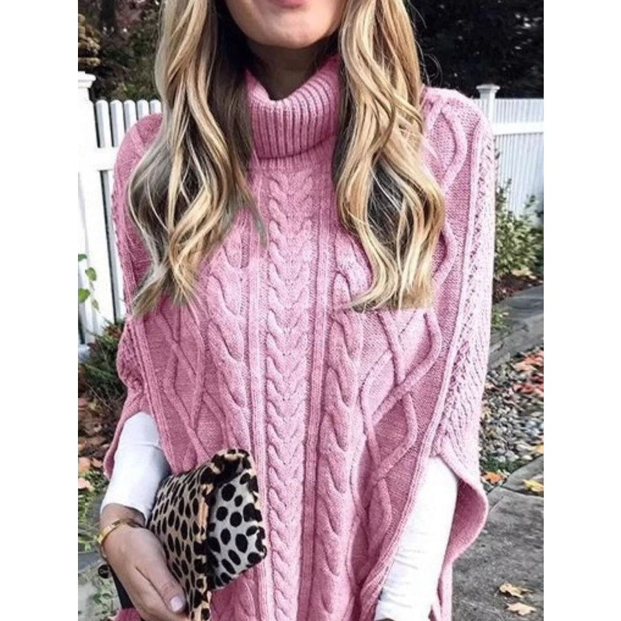 Chunky Cable Knit Turtleneck Poncho Cover Up Pink / S Apparel and Accessories