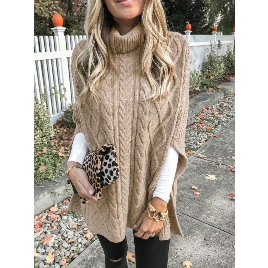 Chunky Cable Knit Turtleneck Poncho Cover Up Apricot / S Apparel and Accessories