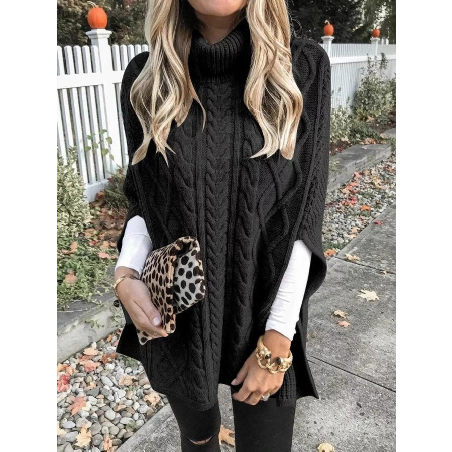 Chunky Cable Knit Turtleneck Poncho Cover Up Black / S Apparel and Accessories