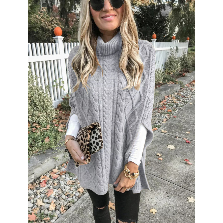 Chunky Cable Knit Turtleneck Poncho Cover Up Grey / S Apparel and Accessories