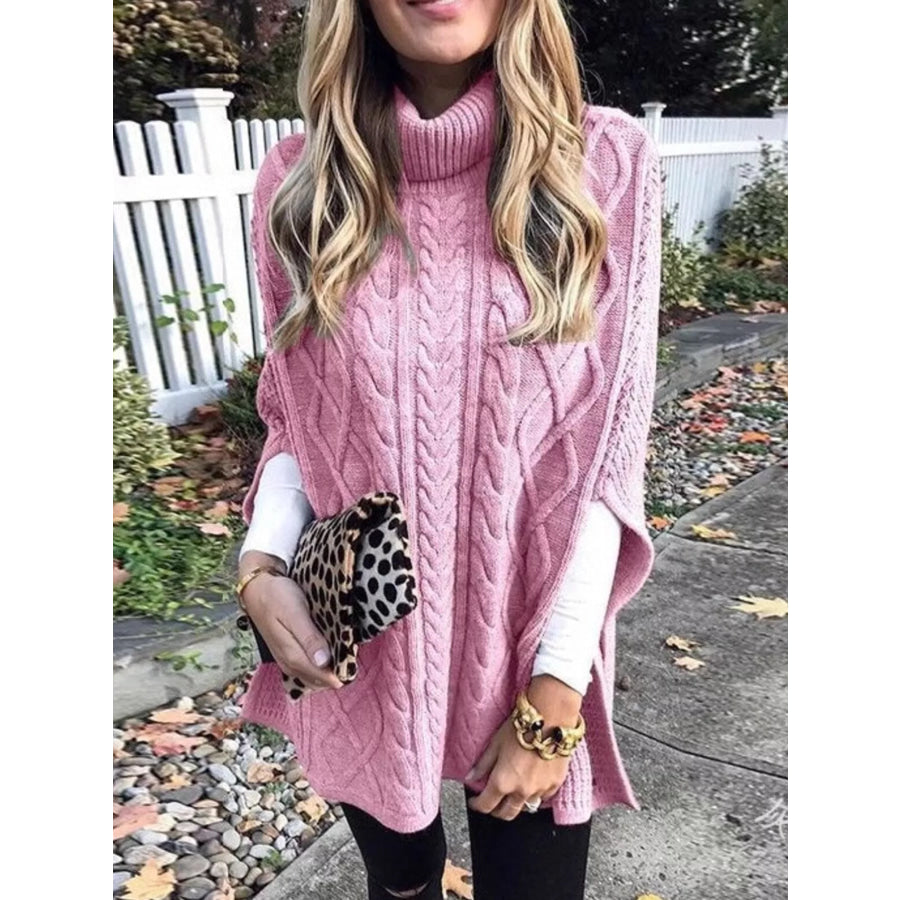 Chunky Cable Knit Turtleneck Poncho Cover Up Pink / S Apparel and Accessories