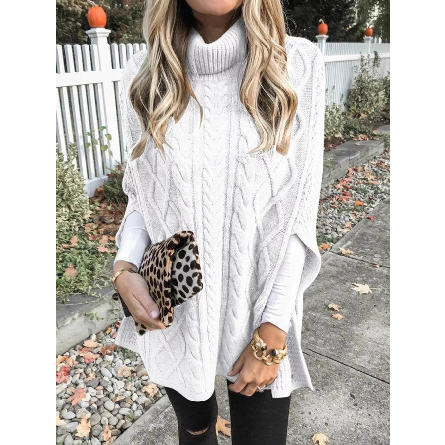 Chunky Cable Knit Turtleneck Poncho Cover Up White / S Apparel and Accessories