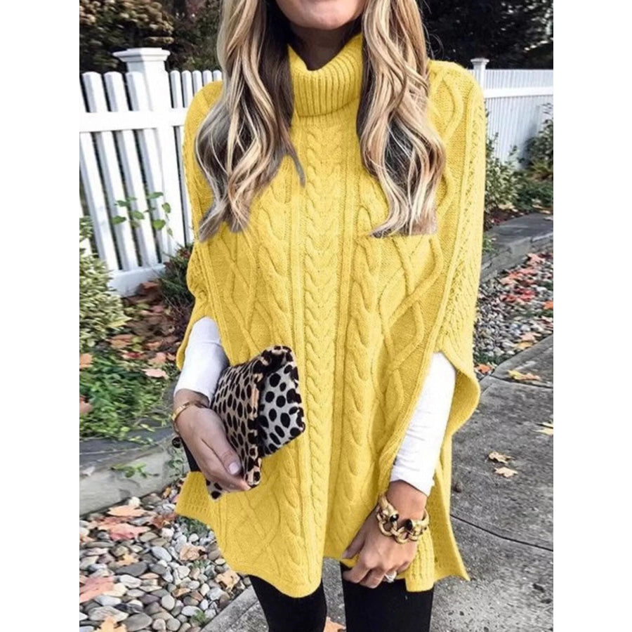 Chunky Cable Knit Turtleneck Poncho Cover Up Yellow / S Apparel and Accessories