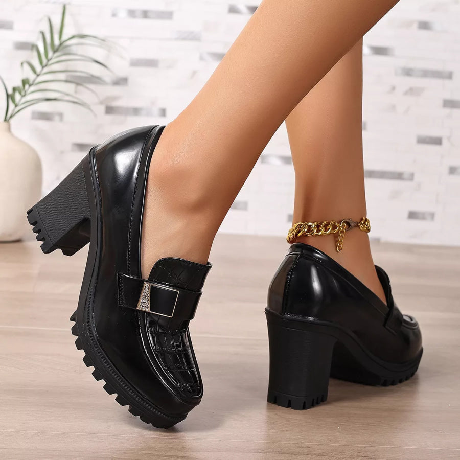 Chunky Heel Crocodile Pattern Patent Leather Loafers with Metal Buckle Apparel and Accessories