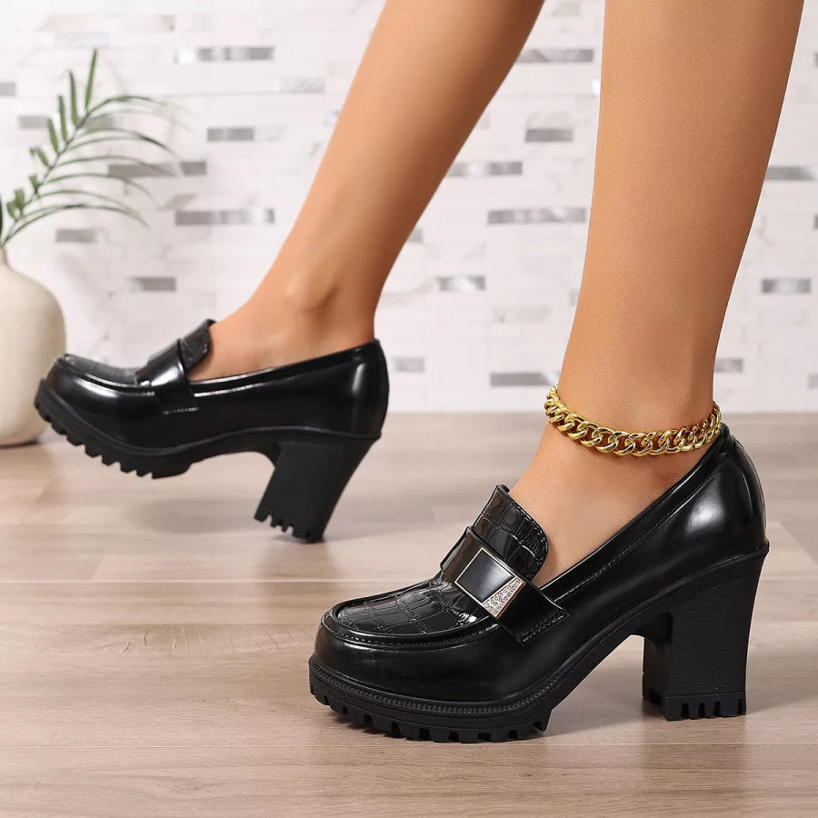 Chunky Heel Crocodile Pattern Patent Leather Loafers with Metal Buckle Apparel and Accessories