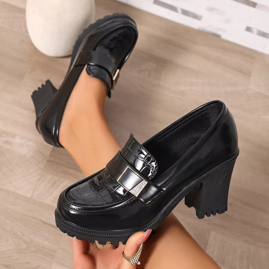 Chunky Heel Crocodile Pattern Patent Leather Loafers with Metal Buckle Apparel and Accessories