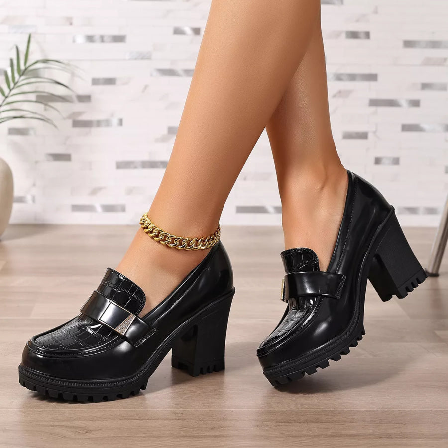Chunky Heel Crocodile Pattern Patent Leather Loafers with Metal Buckle Apparel and Accessories