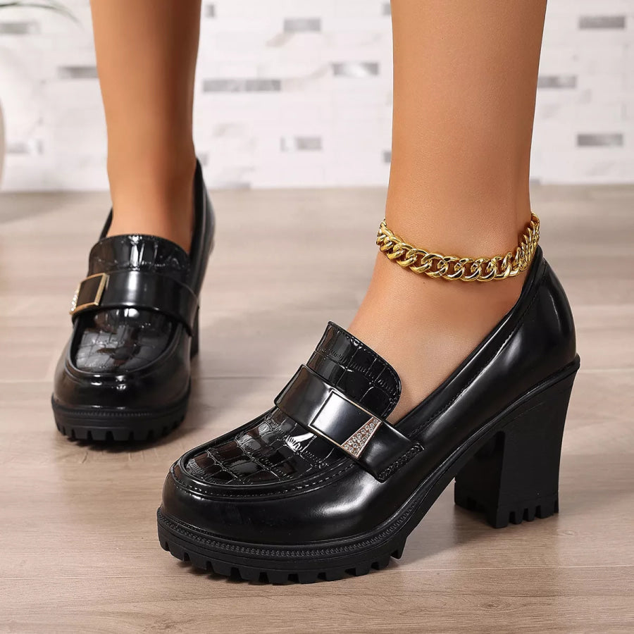 Chunky Heel Crocodile Pattern Patent Leather Loafers with Metal Buckle Black / 35 Apparel and Accessories